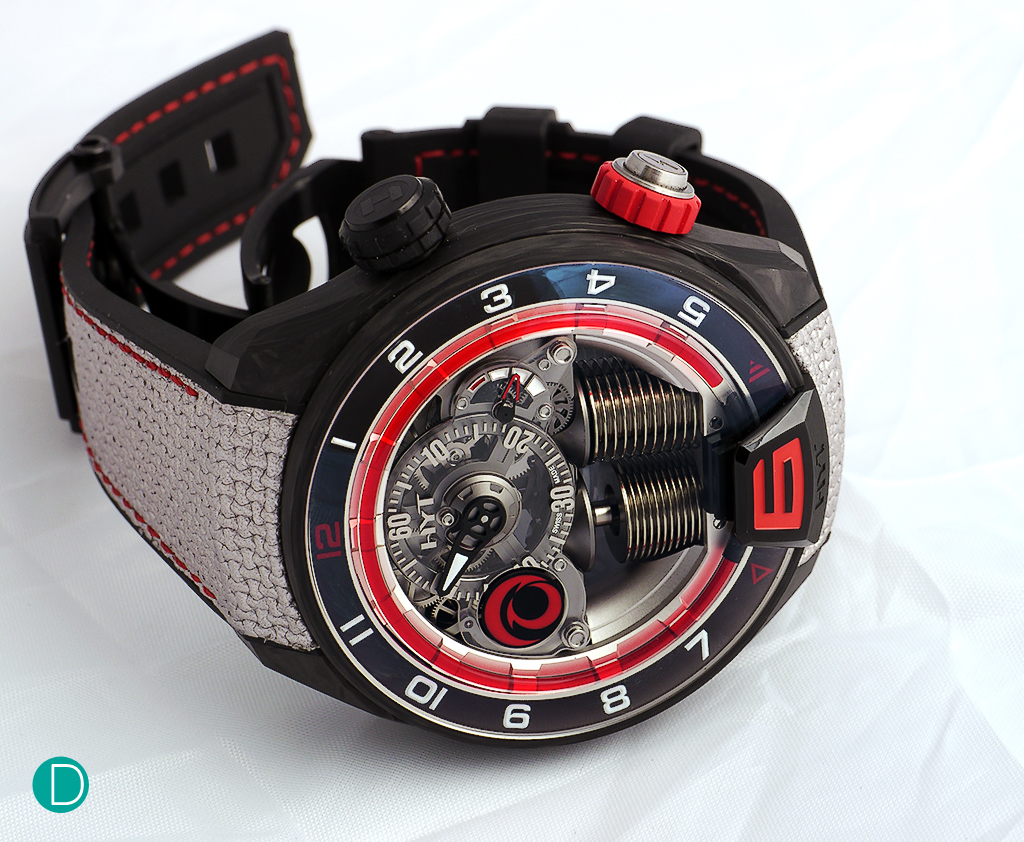 HYT H4 Alinghi. The movement is the same as the one used in the H1 series, but skeletonized to show more of the movement, and cased in a larger 51mm diameter case first used in the HYT Skull.