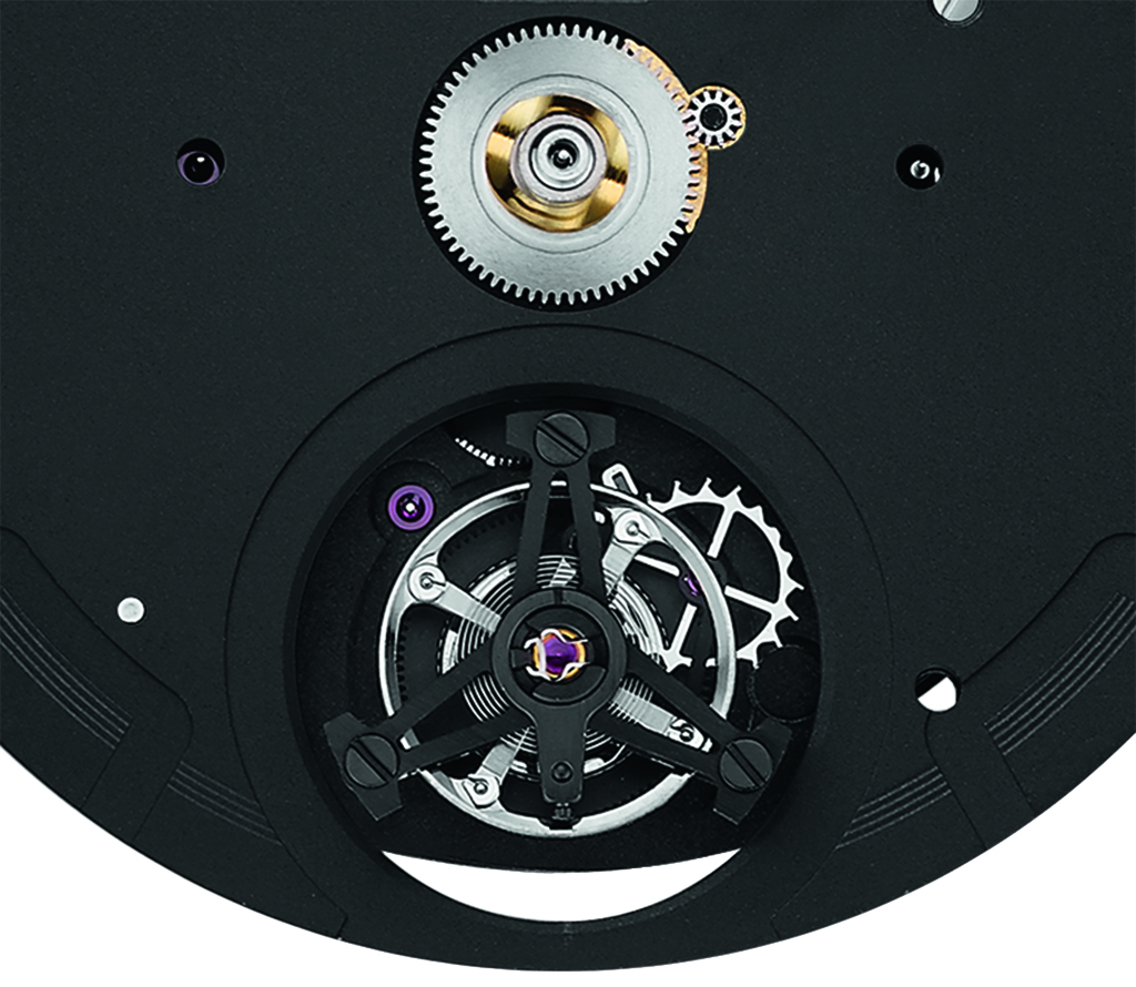Detail of the flying tourbillon showing the carbon and titanium tourbillon cage.