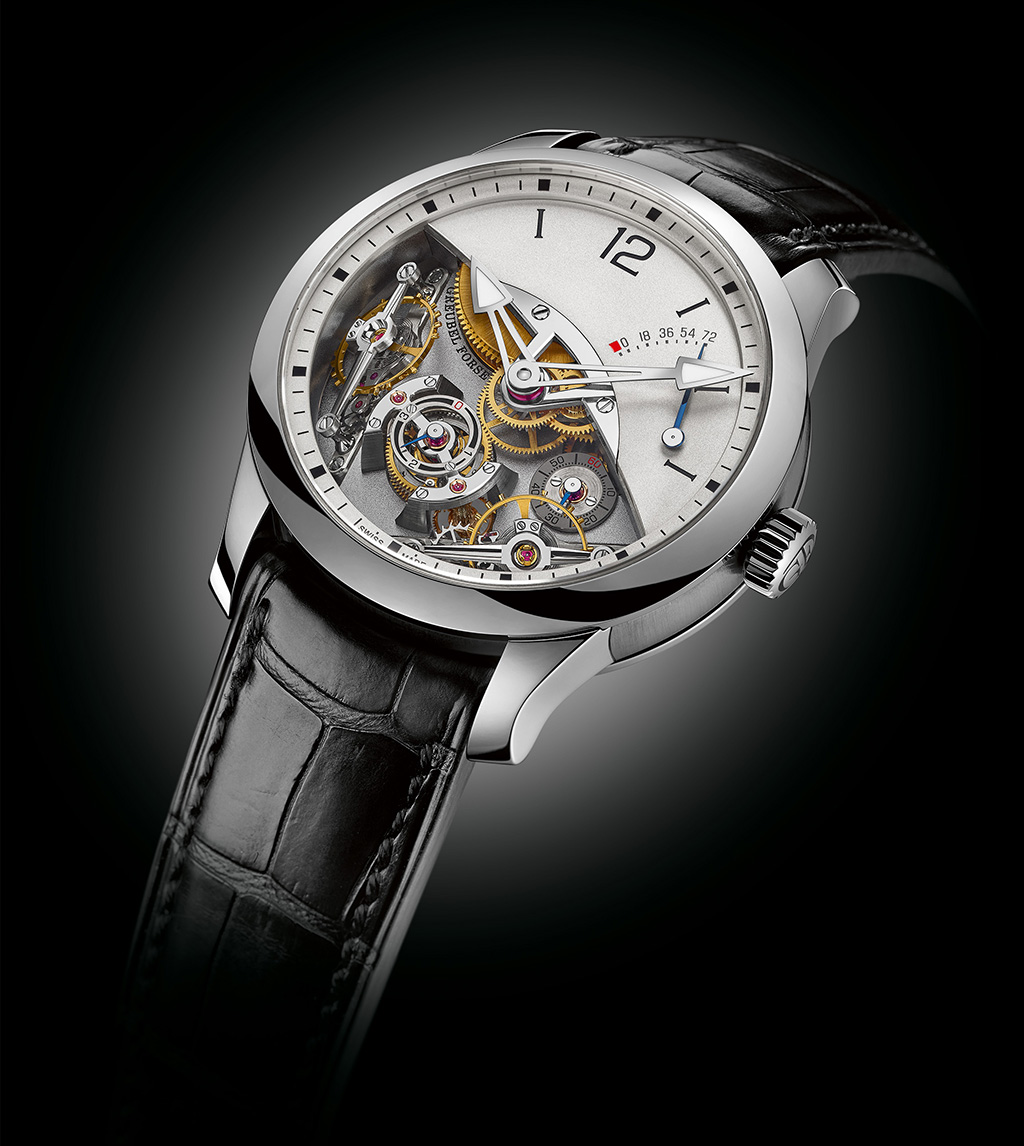 The Greubel Forsey Double Balancier à Différentiel Constant. The dial is opened up to show the spherical differential and both inclined balance wheels.
