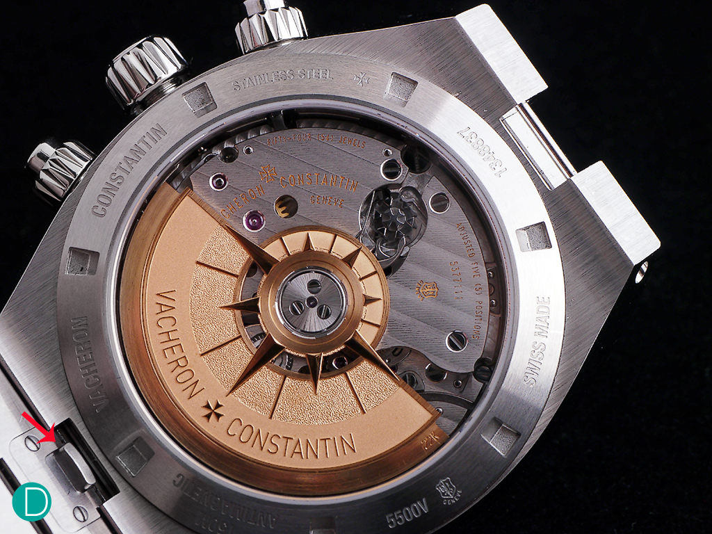 The caseback of the VC Overseas Chronograph. The red arrow shows the button on the bracelet or strap which is pushed to release the bracelet or strap. The upper right shows the case where the bracelet has been removed.