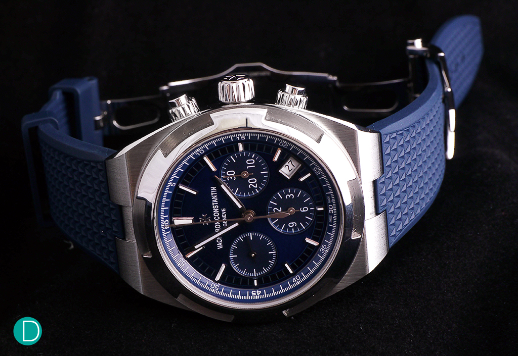 Vacheron Constantin Overseas Chronograph in stainless steel and laquer blue dial, shown here with the rubber strap. 