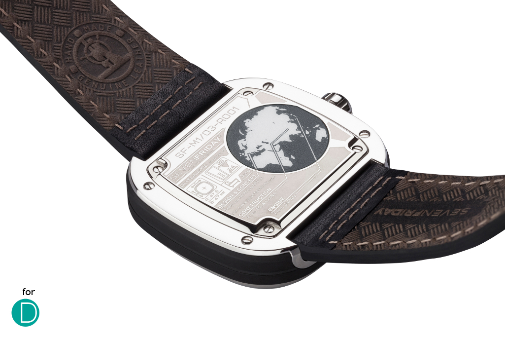 The caseback of the new M1/03, which features a NFC chip.