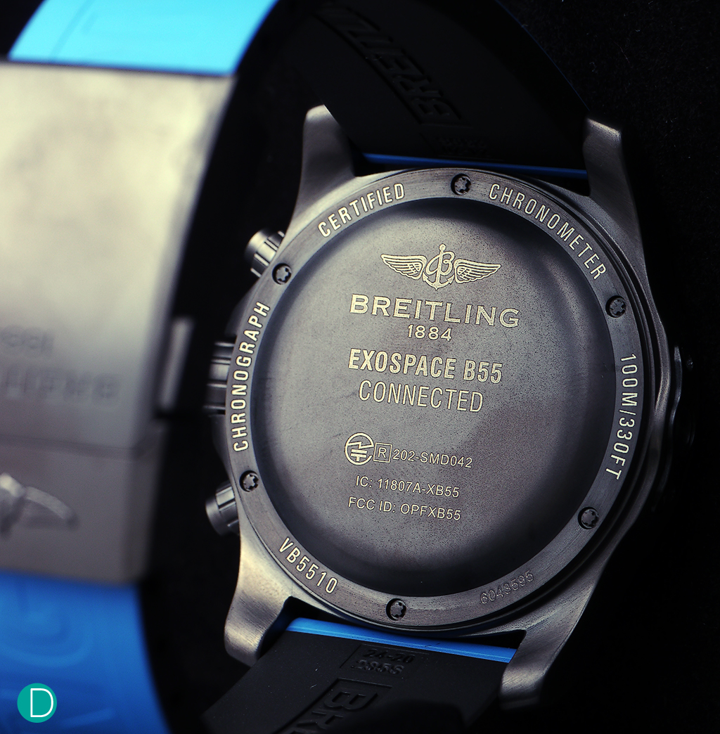 The caseback of the Breitling Exospace B55, showing the engravings.