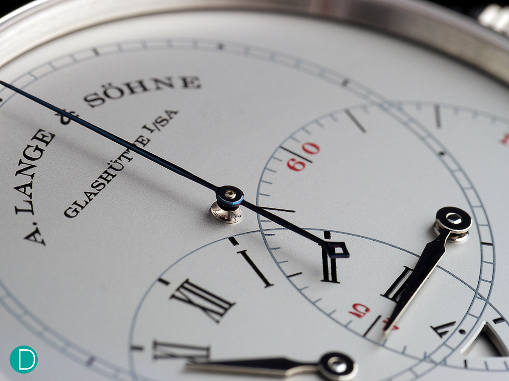 The dial of the A. Lange & Söhne Richard Lange Jumping Seconds. Some comment that the dial looks plain. But we think this is the only way to present a technical watch, with an instrument like dial.