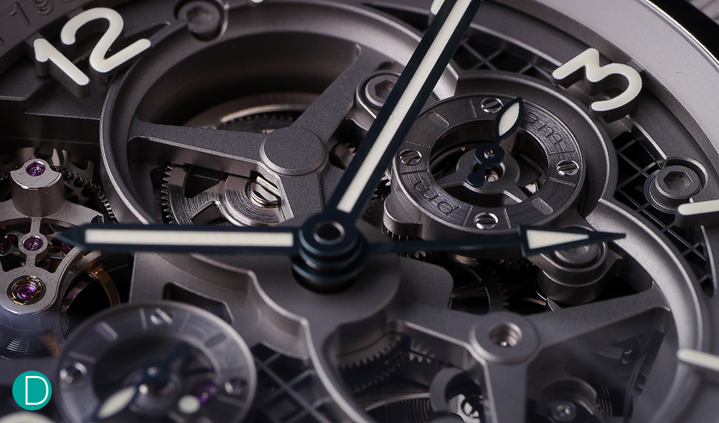 Dial detail showing the intricate "industrial" look of the vestigial dial which is skeletonized to reveal the plates. Also the typical Panerai hands are highly visible and legible.