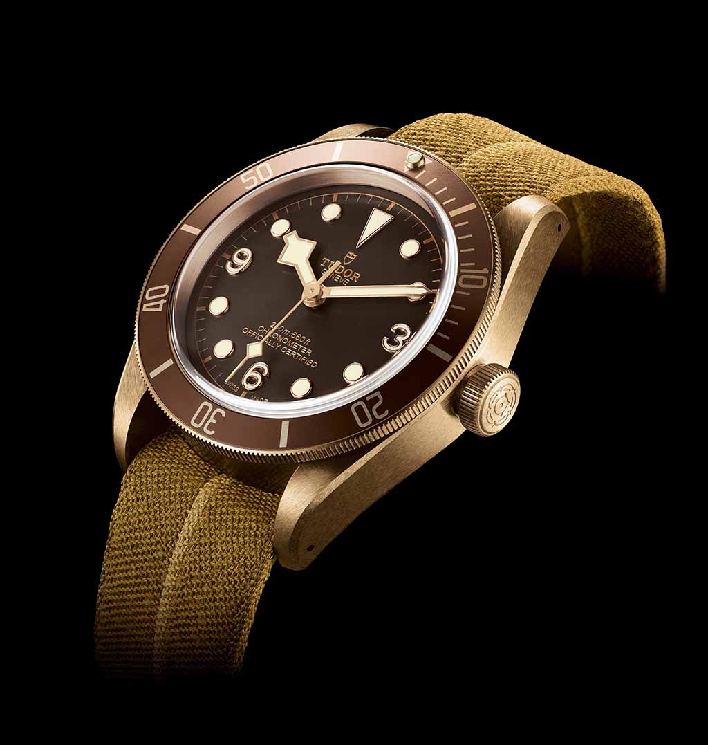 The jaquard fabric strap is inspired by a found historic Tudor watch, possibly issued to the French Navy who had removed the original bracelet, and fitted with a strap made from the French Rescue parachute.