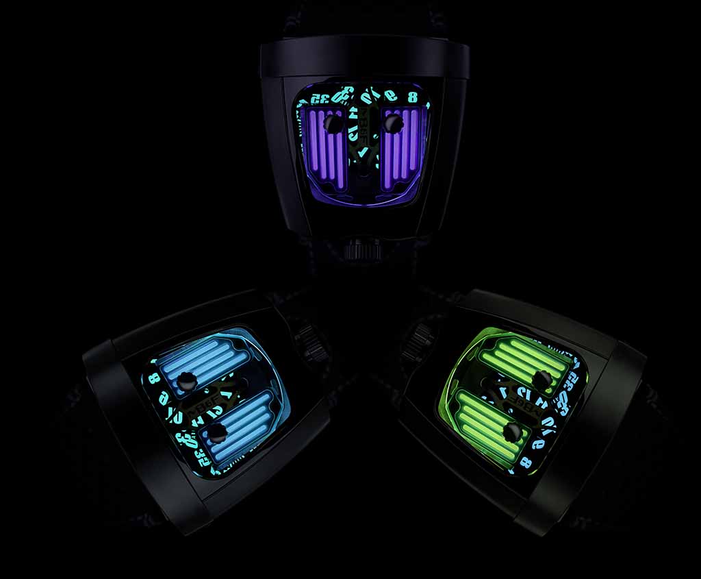 The three available colors of the new MB&F HMX Black Badger in blue, green and purple.