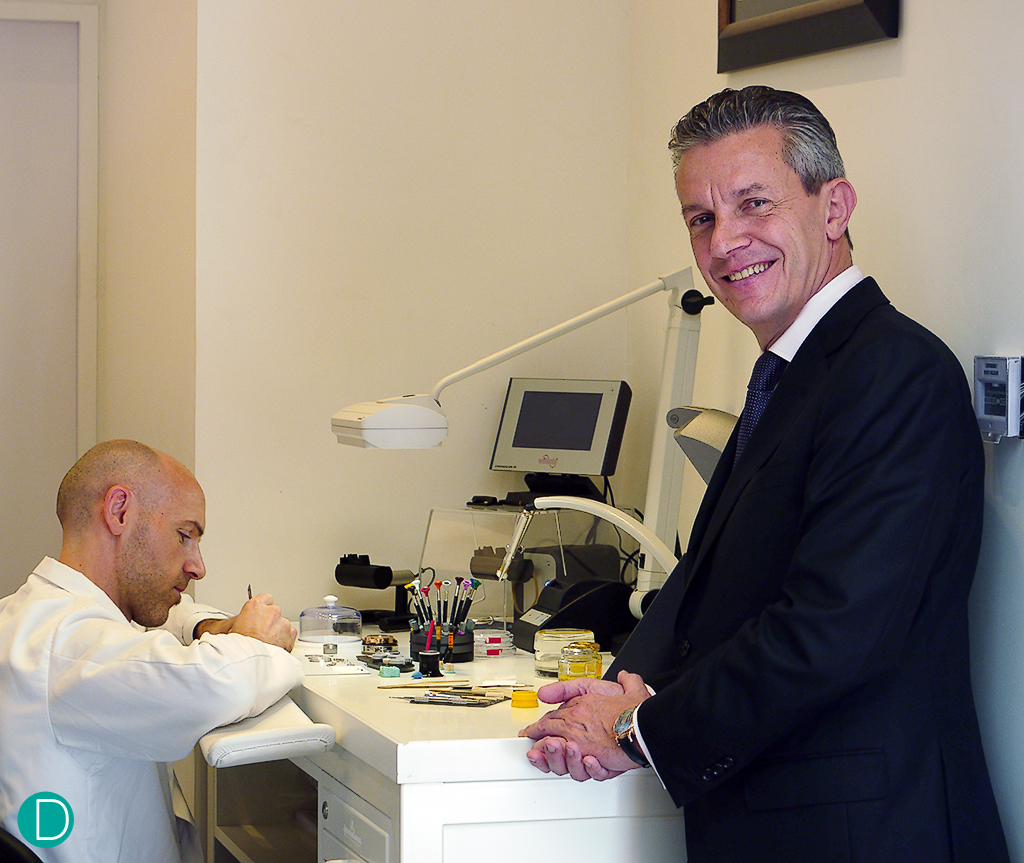 Daniel Riedo with the in-house watchmaker Goran Popov at the Ion Boutique.