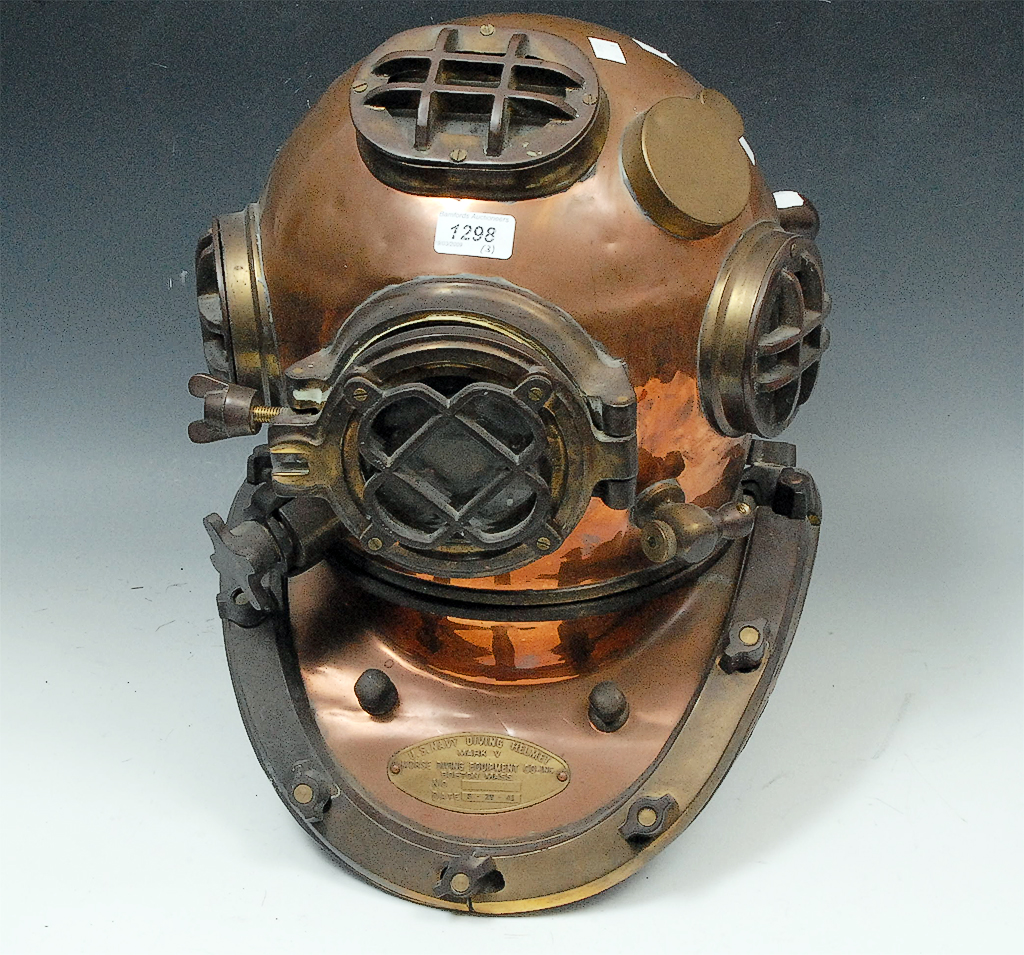 From Bramfords Auction house, sold on Thursday 19th March 2009 - Antiques and Fine Art Sale - March 2009 - The Derby Lot 1298 - A U.S. Navy copper and brass diving helmet. HAMMER PRICE £620.00 A U.S. Navy copper and brass diving helmet, Morse Diving Equipment Co, Boston Mass, dated 8 - 29 - 41, 46cm high; weight belt and boots.