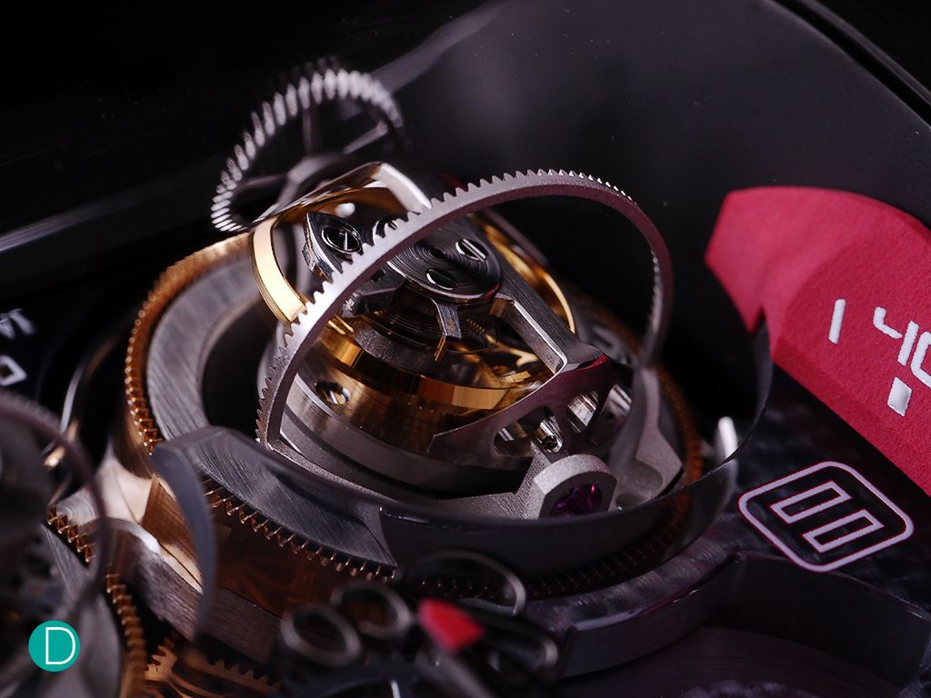 Detall showing the three axis of one of the triple axis tourbillons on the Twin Turbo.