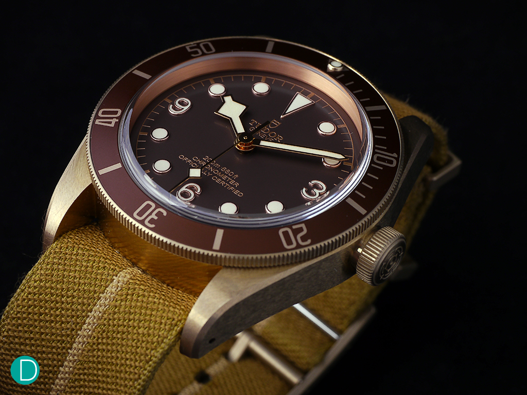 Tudor Black Bay Bronze. 43mm bronze case, shown here fitted with a nylon strap.