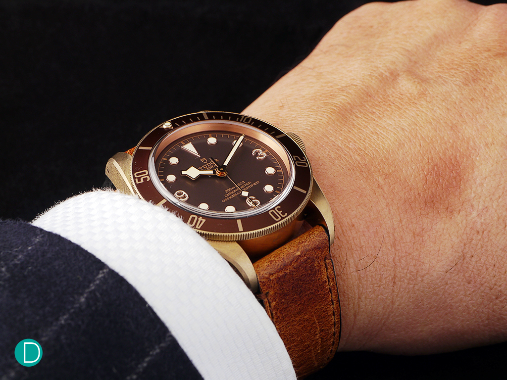 The Black Bay Bronze looking regal on the author's wrist, with bespoke shirt and suit. 