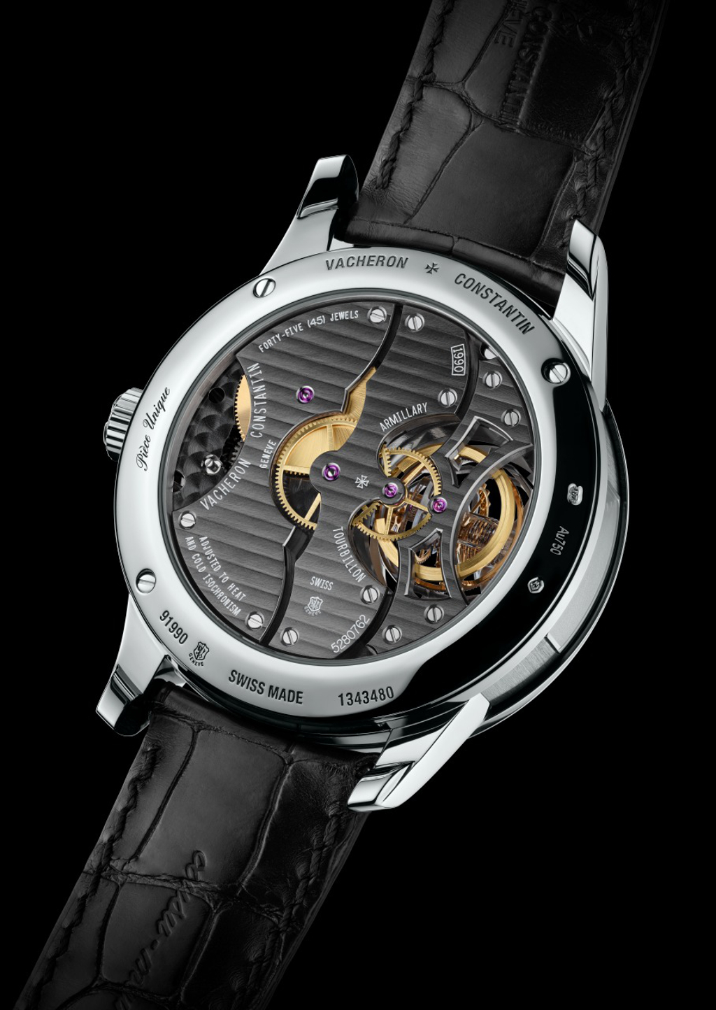 The caseback of the watch. Notice the intricate finishing of the movement. 