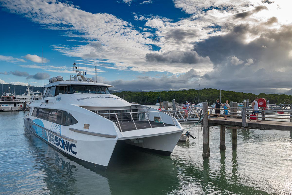 A 150 foot catamaran was chartered to bring journalists to the Great Barrier Reef.