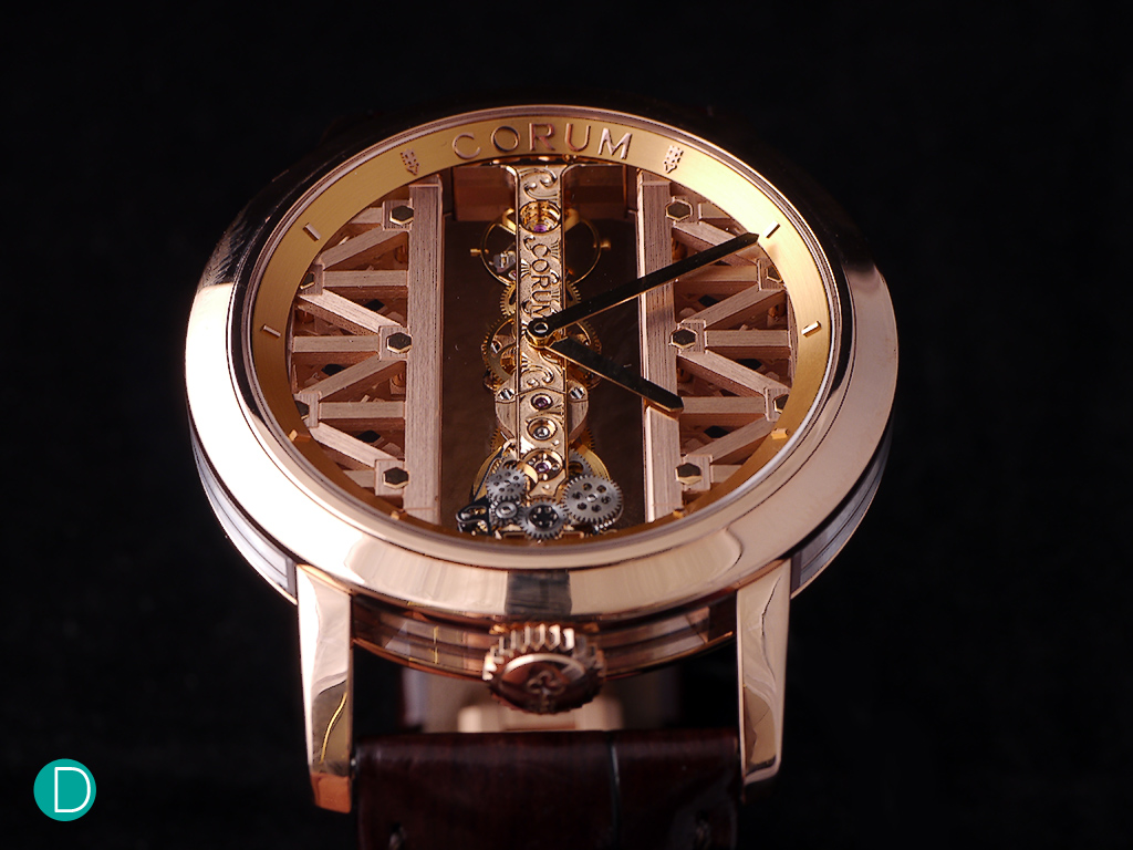 Corum Golden Bridge Round in red gold, in a red gold case, red gold movement plates. 