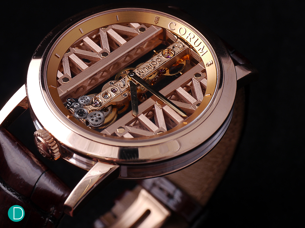 Corum Golden Bridge Round. The design on the sides is inspired by the Golden Gate Bridge in San Francisco.