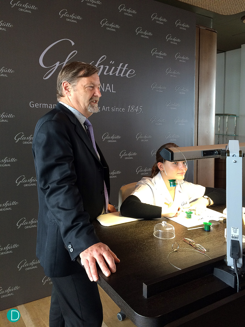 Yaan Gamard, CEO of Glashütte Original welcoming guests at the opening. A demonstration of watchmaking was also shown.