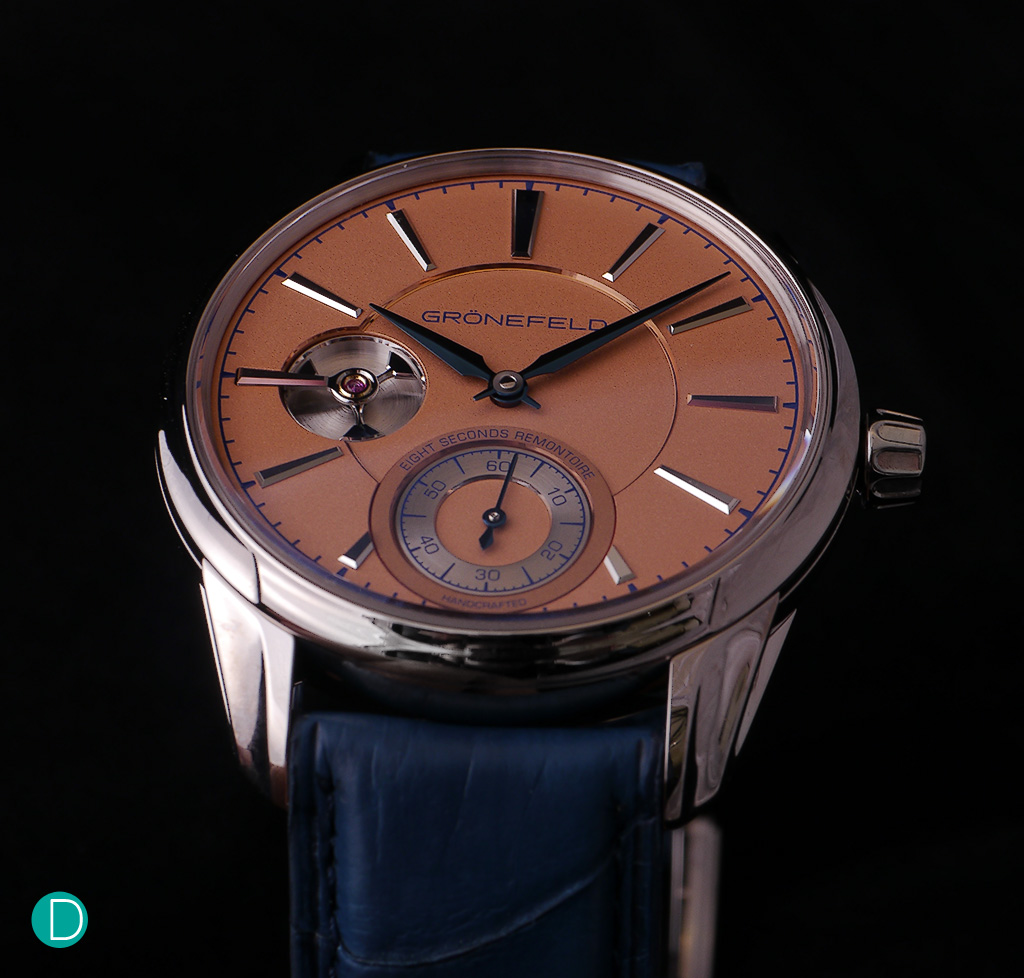 The Grönefeld 1941 Remontoire shown here in white gold, and a salmon dial. 