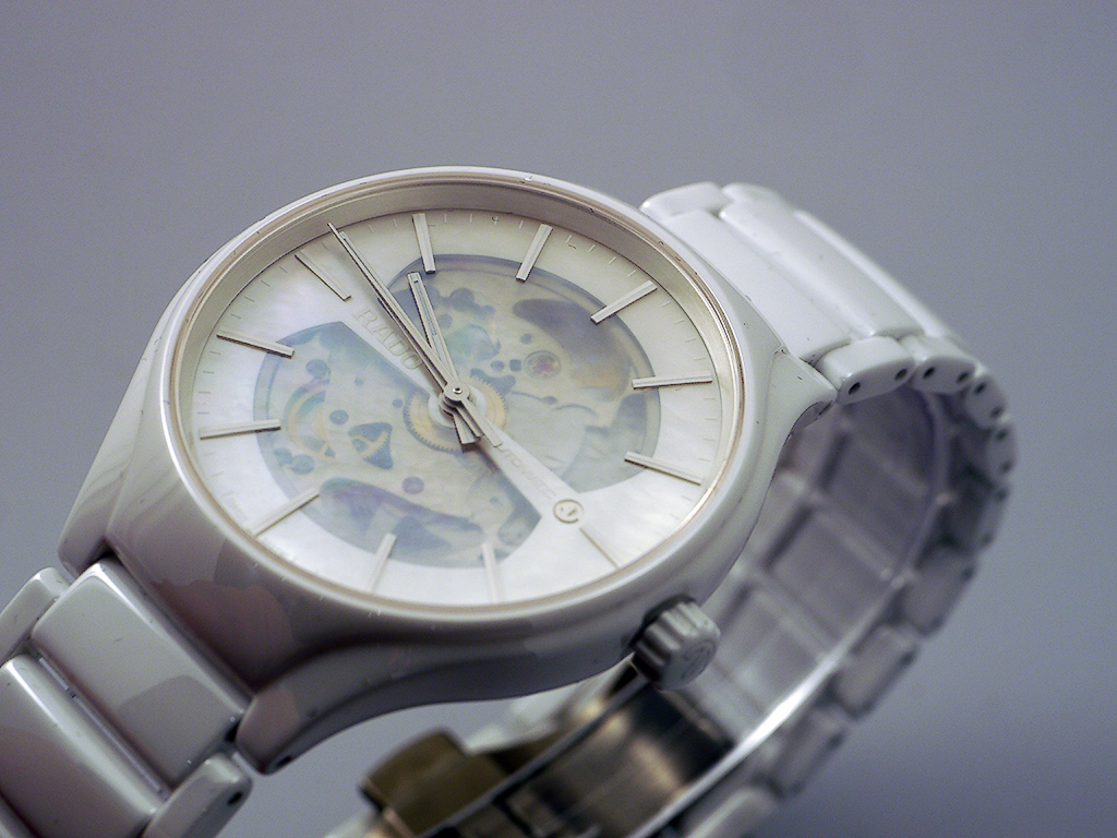 The Rado True Open Heart with a translucent mother of pearl dial which gives a glimpse of the movement within.