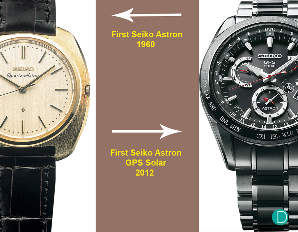 The historical Astron on the left was the world's first quartz watch. Sold for US$1,500 in 1969, the equivalent of a small car in Japan in those days. And on the right, the Astron GPS Solar introduced in 2012.