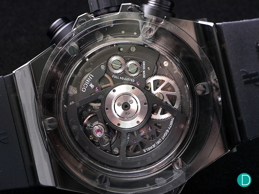 Hublot's in-house Unico chronograph movement with approximately 72 hours power reserve.