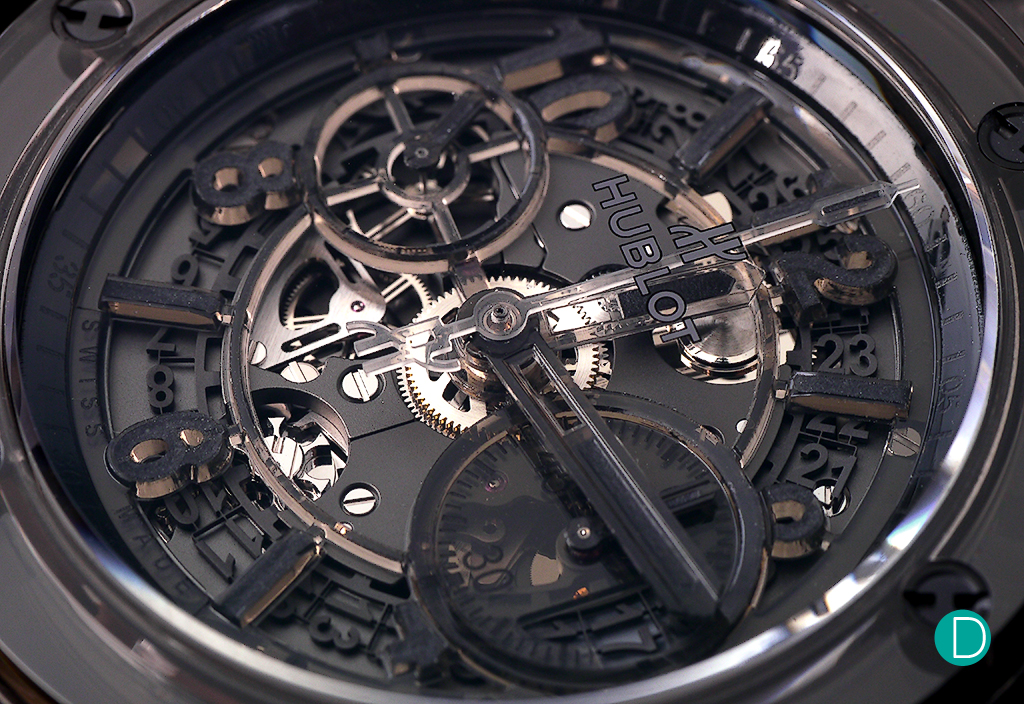 The transparent dial is made with resin, and reveals the date wheel and dial-side plate of the Unico movement.