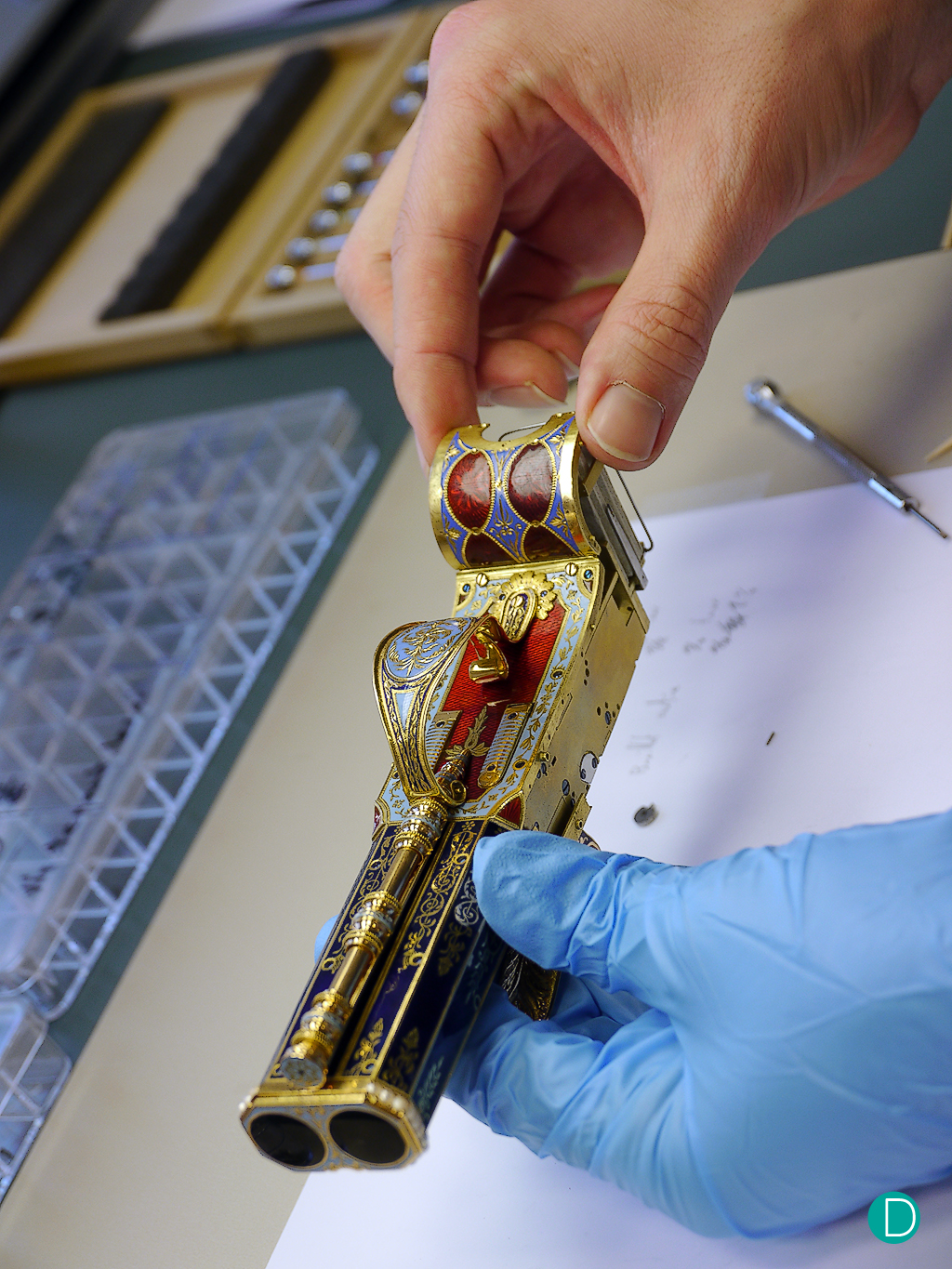 Delicate handling of the incredibly intricate mechanism of the Rochat Singing Bird Pistols. 