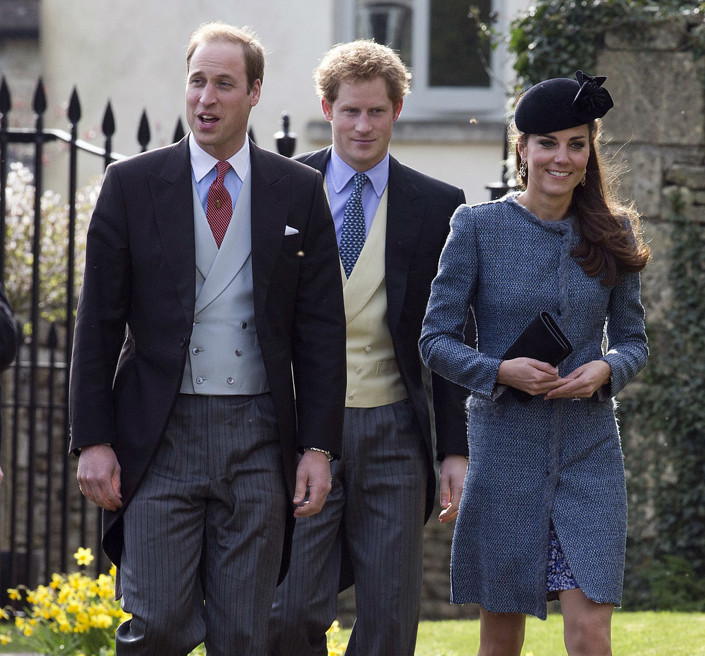 Prince William, Prince Harry in their morning suits with Kate Middleton. Photograph was before the Royal Wedding. Both William and Harry were wearing proper Morning suits. Note the dark grey coat, and striped trousers. They can play with the color of the waistcoats. The Royals have dispensed with their silk top hats, and this is a cue that this is now acceptable.Note that at all times, the left breast pocket should carry a pocket square. Additionally, a flower may be carried on the boutonnière on the left lapel.